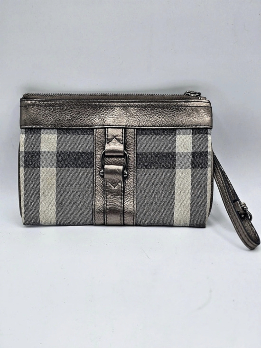 Burberry Check Canvas and Metallic Leather Wristlet Black & Gray